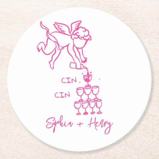 Hand trekken Cin Cin Cherub Whimsical Wedding Napk Ronde Kartonnen Onderzetter (Voorkant)