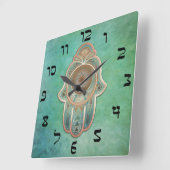 Hand van Miriam (Hamsa) in koper en groen Vierkante Klok (Hoek)