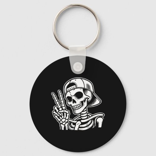 Hand Vrede Teken Retro Halloween Skelet Hand Teken Sleutelhanger (Voorkant)