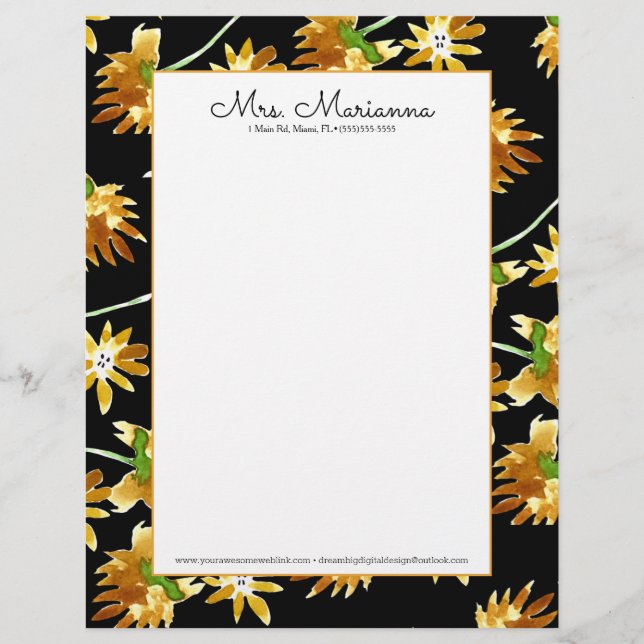 Hand waterverf geel bloemmotief briefhoofd (Voorkant)