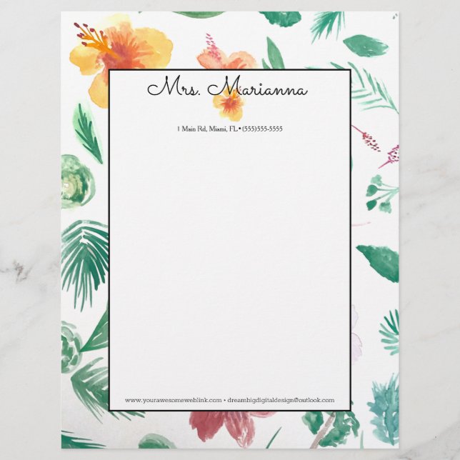 Hand waterverf hibiscuspatroon zomer script briefhoofd (Voorkant)