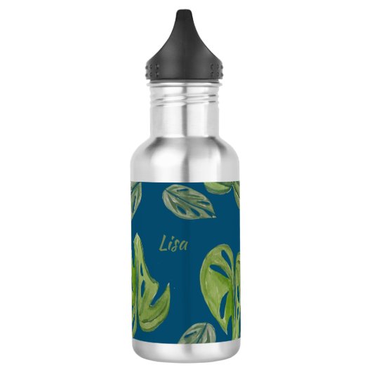 Hand waterverf Monstera Adansonii blad blauw Waterfles (Links)