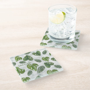 Hand waterverf Monstera Adansonii blad bruiloft Glazen Onderzetter