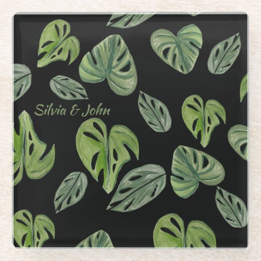 Hand Waterverf Monstera Adansonii Leaf Wedding Glazen Onderzetter (Voorkant)