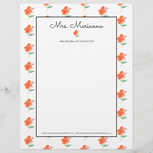 Hand waterverf oranje hibiscus zomer script briefhoofd (Voorkant)