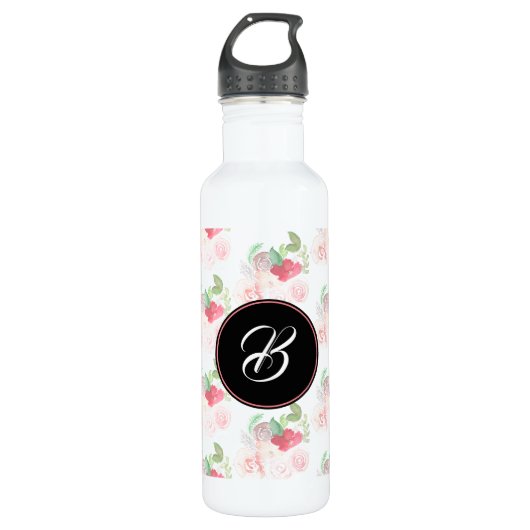 Hand Waterverf Summer Pink Floral Monogram Waterfles (Voorkant)