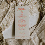 Hand Written Drawn Coral Retro Quirky Wedding Menu<br><div class="desc">A colorful retro funky moderncoral wedding dinner menu. Which features chic template design of boho vintage cream  background and peach typography and hand written menu in peach also. And hand drawn champagne glasses . With cream back background with monogram in the back. Perfect and matching with the whole suite.</div>