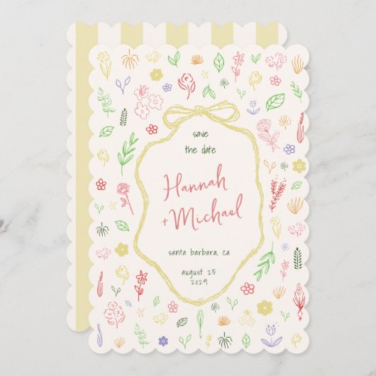 Hand Written Drawn Pastel Flowers Spring Wedding Save The Date (Voorkant / Achterkant)