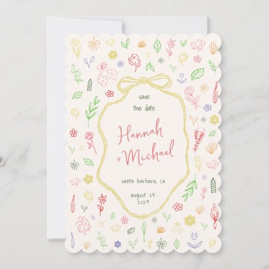Hand Written Drawn Pastel Flowers Spring Wedding Save The Date (Voorkant)