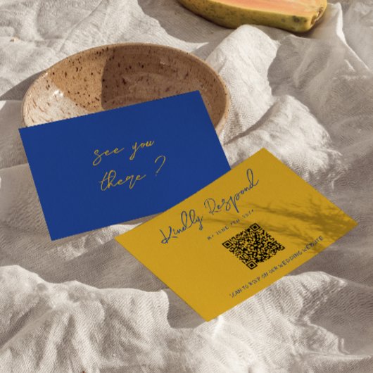 Hand Written Yellow Blue Italian QR Code Wedding RSVP Kaartje