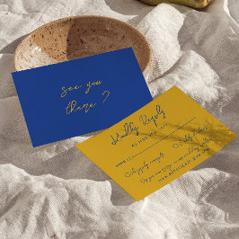 Hand Written Yellow Blue Italian Retro Wedding RSVP Kaartje