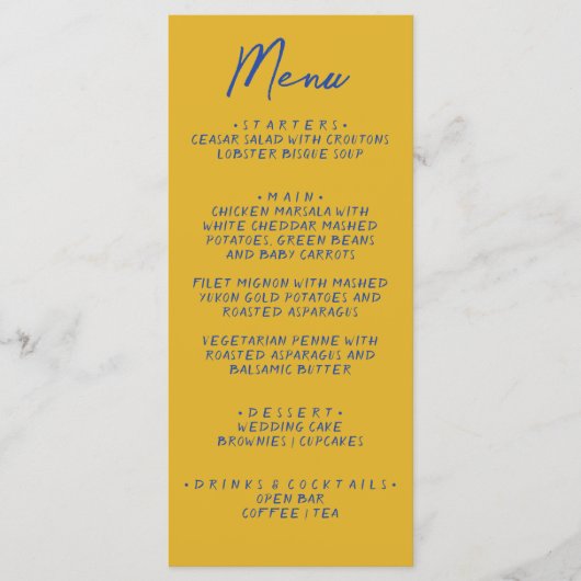 Hand Written Yellow Blue Italian Wedding Menu (Voorkant)