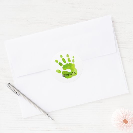 Handafdruk Kinder groene handnaam Timeless Sweet Ronde Sticker (Envelop)