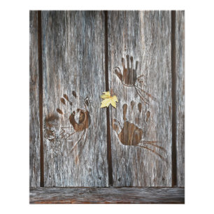 Handafdrukken Vogels op houten planken met herfstb Perfect Poster