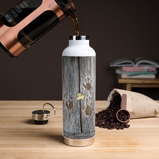 Handafdrukken Vogels op houten planken met herfstb Waterfles (Koffie (Gedraaid) )