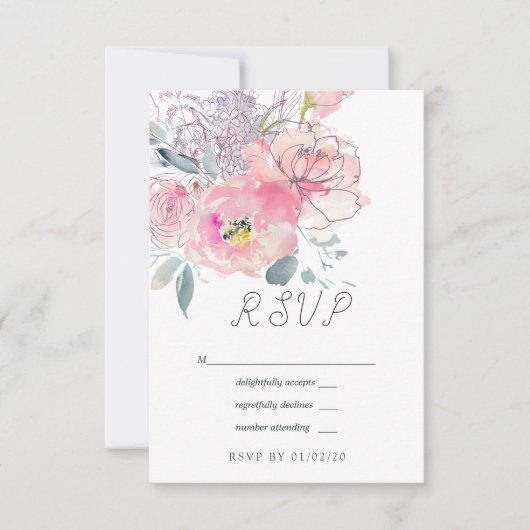 Handbedekte Waterverf Doodle Floral Wedding RSVP Kaartje (Voorkant)