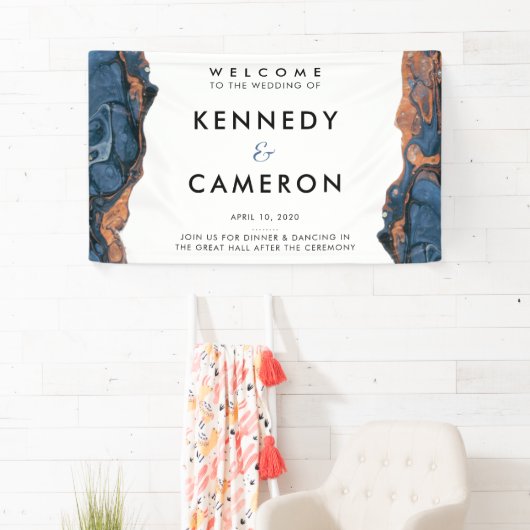 Handbediende blauwe marmeringang bruiloft banner (Insitu)