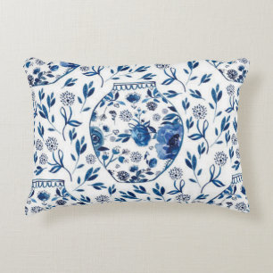 Handbeschilderd blauw en wit Chinoiserie Floral St Accent Kussen