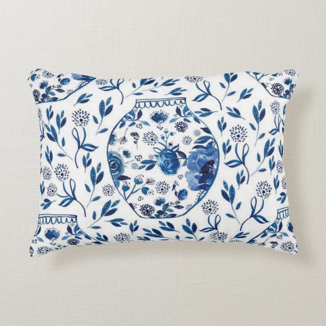 Handbeschilderd blauw en wit Chinoiserie Floral St Accent Kussen (Voorkant)