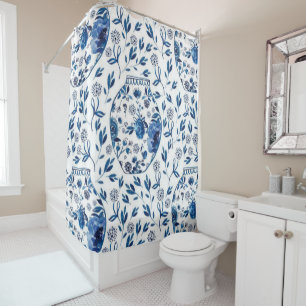 Handbeschilderd blauw en wit Chinoiserie Floral St Douchegordijn