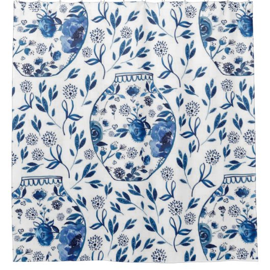 Handbeschilderd blauw en wit Chinoiserie Floral St Douchegordijn (Voorkant)