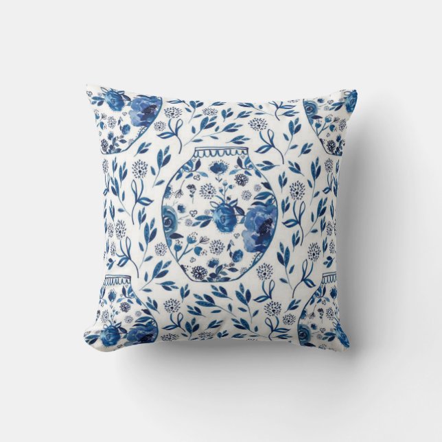 Handbeschilderd blauw en wit Chinoiserie Floral St Kussen (Voorkant)