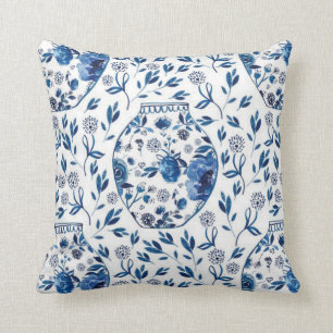 Handbeschilderd blauw en wit Chinoiserie Floral St Kussen