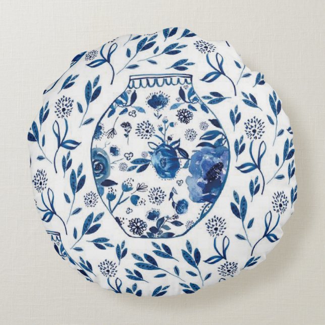 Handbeschilderd blauw en wit Chinoiserie Floral St Rond Kussen (Achterkant)