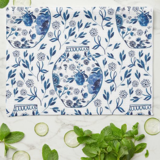 Handbeschilderd blauw en wit Chinoiserie Floral St Theedoek (Gevouwen)