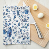 Handbeschilderd blauw en wit Chinoiserie Floral St Theedoek (Quarter Fold)