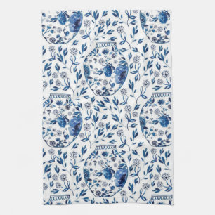 Handbeschilderd blauw en wit Chinoiserie Floral St Theedoek