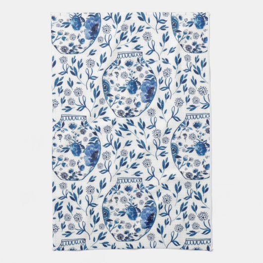 Handbeschilderd blauw en wit Chinoiserie Floral St Theedoek (Verticaal)