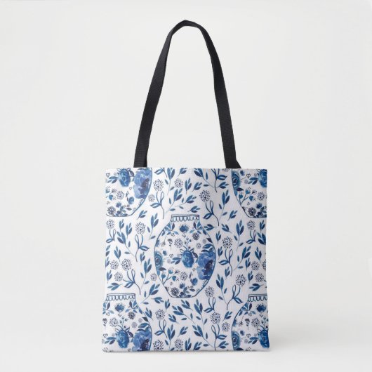 Handbeschilderd blauw en wit Chinoiserie Floral St Tote Bag (Voorkant)