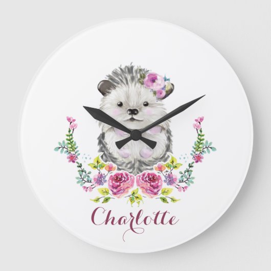 Handbeschilderd Egel floral Personalized Grote Klok (Voorkant)