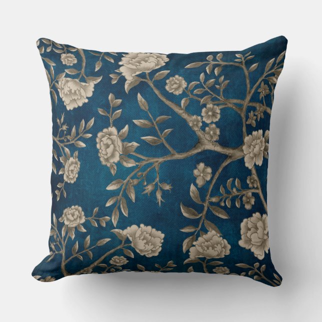 Handbeschilderd marineblauw Chinoiserie Floral Gre Kussen (Voorkant)