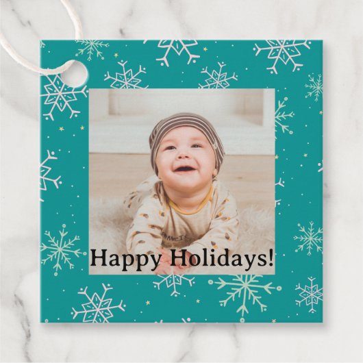 Handbeschilderd wit & Aqua Snowflakes op Blauwgroe Bedankjes Labels (Voorkant)