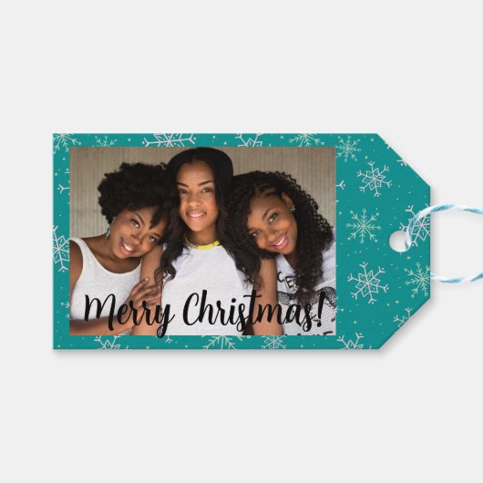 Handbeschilderd wit & Aqua Snowflakes op Blauwgroe Cadeaulabel (Voorkant (Horizontaal))