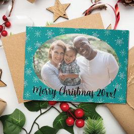 Handbeschilderd wit & Aqua Snowflakes op Blauwgroe Drieluik Wenskaart