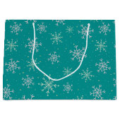 Handbeschilderd wit & Aqua Snowflakes op Blauwgroe Groot Cadeauzakje (Voorkant)