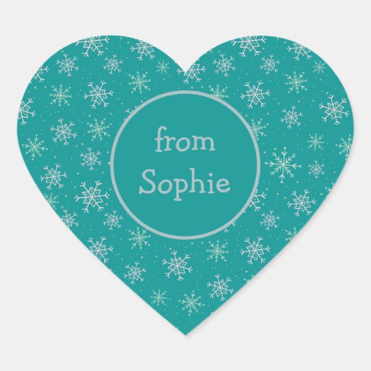 Handbeschilderd wit & Aqua Snowflakes op Blauwgroe Hart Sticker (Voorkant)