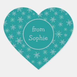 Handbeschilderd wit & Aqua Snowflakes op Blauwgroe Hart Sticker