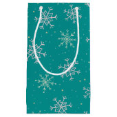 Handbeschilderd wit & Aqua Snowflakes op Blauwgroe Klein Cadeauzakje (Voorkant)