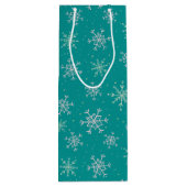 Handbeschilderd wit & Aqua Snowflakes op Blauwgroe Wijn Cadeautas (Achterkant)