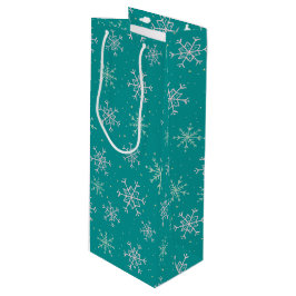 Handbeschilderd wit & Aqua Snowflakes op Blauwgroe Wijn Cadeautas