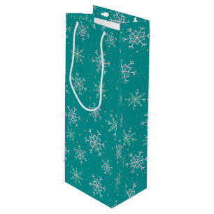 Handbeschilderd wit & Aqua Snowflakes op Blauwgroe Wijn Cadeautas