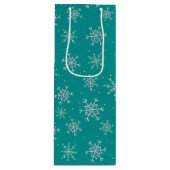 Handbeschilderd wit & Aqua Snowflakes op Blauwgroe Wijn Cadeautas (Voorkant)