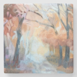 Handbeschilderde moderne oranje geelbruine bomen stenen onderzetter