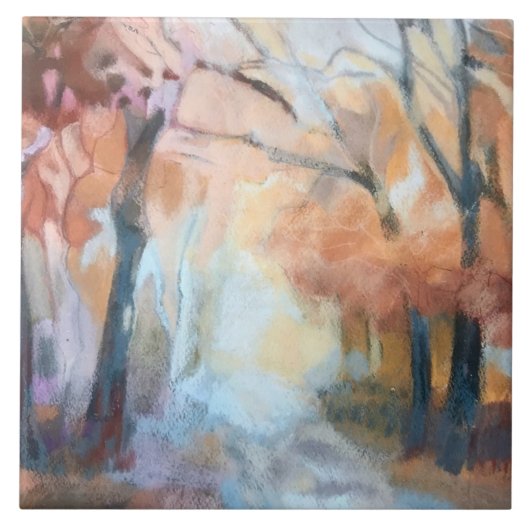 Handbeschilderde moderne oranje geelbruine bomen tegeltje (Voorkant)