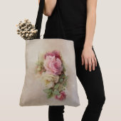 Handbeschilderde Roze en Witte Rozen Stijl Tote Bag (Dichtbij)