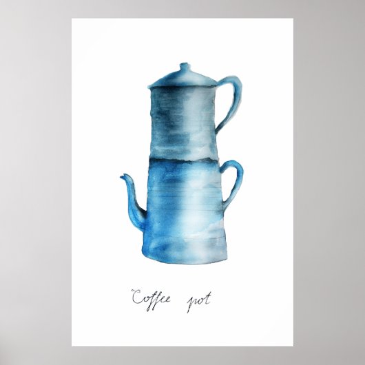 Handbeschilderde Waterverf  blauwe koffie pot Poster (Voorkant)